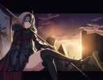  1girl armor armored_dress bangs banner black_dress black_legwear crossed_legs dress eyebrows_visible_through_hair fate/grand_order fate_(series) faulds gauntlets grin hair_between_eyes headpiece highres holding jeanne_d&#039;arc_(alter)_(fate) jeanne_d&#039;arc_(fate)_(all) looking_at_viewer monon red_eyes short_hair silver_hair sitting smile solo thigh-highs 