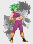  3girls abs arms_up back-to-back bangs bare_shoulders black_eyes black_hair boots bracelet breasts caulifla clenched_hands collarbone crop_top crossed_arms crotch_seam dirty dragon_ball dragon_ball_super dual_persona earrings expressionless from_side frown full_body glitter green_eyes green_hair grey_background greyscale grin half-closed_eyes hands_on_hips jewelry kale_(dragon_ball) kefla_(dragon_ball) kemachiku knee_boots legs_apart looking_at_viewer looking_to_the_side medium_breasts midriff monochrome multiple_girls muscle muscular_female pants parted_bangs parted_lips partially_colored potara_earrings profile scratches shaded_face shiny shiny_hair shiny_skin short_hair simple_background smile spiky_hair standing super_saiyan teeth upper_body v-shaped_eyebrows very_short_hair wristband 