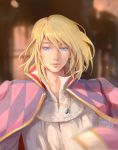  1boy artist_name blonde_hair blouse blurry blurry_background blurry_foreground cape clivenzu closed_mouth depth_of_field earrings hair_between_eyes highres howl_(howl_no_ugoku_shiro) howl_no_ugoku_shiro jewelry light_smile long_hair looking_at_viewer male_focus pink_cape solo violet_eyes white_blouse 