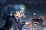  1girl absurdres apple_juice blue_eyes blue_hair blurry blurry_background candy cityscape food highres hololive hoshimachi_suisei juice_box lollipop long_hair long_sleeves looking_at_viewer looking_to_the_side night official_alternate_costume official_alternate_hairstyle ponytail profile solo star_(symbol) star_in_eye symbol_in_eye upper_body virtual_youtuber wnsghks221 