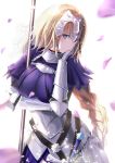  1girl absurdres armor armored_dress bangs blonde_hair blue_dress blue_eyes braid braided_ponytail closed_mouth cowboy_shot dress eyebrows_visible_through_hair fate/apocrypha fate_(series) faulds floating_hair gauntlets hair_between_eyes headpiece highres jeanne_d&#039;arc_(fate) jeanne_d&#039;arc_(fate)_(all) long_hair looking_at_viewer okay178 petals simple_background solo standing very_long_hair white_background 