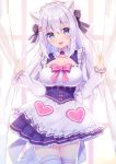  1girl :d animal_ears apron blue_eyes blush bow breasts collarbone eyebrows_visible_through_hair frilled_apron frills hair_bow hair_ornament large_breasts long_hair long_sleeves looking_at_viewer maid maid_headdress noripro open_mouth shirayuki_mishiro silver_hair smile solo sumisaki_yuzuna tail thigh-highs white_apron white_legwear 