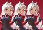  3girls :d animal_ears black_gloves black_neckwear black_suit black_vest blush breasts cerberus_(helltaker) collared_shirt demon_girl dog_ears dog_girl fang formal gloves helltaker long_hair looking_at_viewer low-tied_long_hair matching_outfit medium_breasts mg42cat-k1ng multiple_girls necktie neckwear open_mouth red_background red_eyes red_shirt shirt siblings silver_hair simple_background sisters smile standing suit tongue tongue_out triplets upper_body very_long_hair vest white_hair 