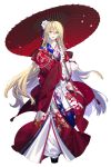  1girl absurdres ahoge aliceliese_lou_nebulis_ix blonde_hair commentary_request flower full_body furisode hair_flower hair_ornament haori highres holding holding_umbrella japanese_clothes kimi_to_boku_no_saigo_no_senjou_arui_wa_sekai_ga_hajimaru_seisen kimono kinchaku long_hair looking_at_viewer nekonabe_ao official_art open_mouth oriental_umbrella platform_footwear pouch print_kimono red_eyes sandals solo tabi umbrella very_long_hair white_background wide_sleeves zouri 