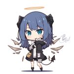  1girl arknights bandaged_arm bandages beni_shake black_jacket black_shorts blue_eyes blue_hair blush closed_mouth commentary_request curled_horns demon_girl demon_horns demon_tail detached_wings full_body halo horns jacket long_hair long_sleeves mostima_(arknights) open_clothes open_jacket shadow shirt short_shorts shorts signature smile solo standing tail white_background white_shirt wings 