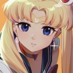  1girl bishoujo_senshi_sailor_moon blonde_hair blue_eyes blue_sailor_collar choker circlet collared_shirt crescent crescent_earrings earrings hair_intakes hair_ornament heart heart_choker highres jewelry long_hair looking_at_viewer orange_background parted_lips portrait red_neckwear sailor_collar sailor_moon sailor_moon_redraw_challenge sailor_shirt shiny shiny_hair shirt simple_background solo sparkle sweatdrop white_shirt xtears_kitsune 