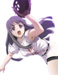  1girl armpits bangs baseball baseball_bat baseball_jersey baseball_mitt baseball_uniform belt bike_shorts bike_shorts_under_shorts breasts clothes_writing eyebrows_visible_through_hair fujiwara_risa gloves helmet highres kikuta_kouichi large_breasts long_hair official_art open_mouth outstretched_arms purple_hair short_sleeves shorts simple_background sportswear sweat tamayomi thighs uniform violet_eyes white_background 