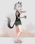  1girl animal_ears black_shirt brushing_teeth commentary commission cup english_commentary from_side full_body godekasu green_shorts grey_footwear grey_hair highres holding looking_at_viewer looking_to_the_side mechanical_arm mug original shirt short_hair shorts sleeveless sleeveless_shirt slippers solo standing tail toothbrush twitter_username violet_eyes 
