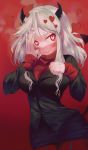  1girl black_horns blush breasts commentary demon_girl demon_horns demon_tail formal garter_belt garter_straps heart heart-shaped_pupils helltaker highres horns large_breasts long_sleeves looking_at_viewer modeus_(helltaker) red_background red_eyes red_sweater ribbed_sweater simple_background solo suit sweater symbol-shaped_pupils tail torieto turtleneck white_hair 