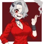  absurdres breasts choker cigarette cross hair_over_one_eye helltaker highres horns huge_filesize konpeito_416 large_breasts piercing red_eyes sharp_teeth smoke teeth white_hair zdrada_(helltaker) 