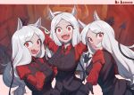 3girls :d ahoge animal_ears arms_up artist_name bangs belt_buckle black_gloves black_vest blush breasts buckle cerberus_(helltaker) collared_shirt demon_girl demon_wings dog_ears dr.beeeee eyebrows_visible_through_hair fang gloves grin helltaker long_hair long_sleeves looking_at_viewer low-tied_long_hair medium_breasts multiple_girls open_mouth outstretched_hand parted_bangs paw_pose red_eyes red_shirt sanpaku shirt silver_hair smile tail teeth tongue tongue_out very_long_hair vest wing_collar wings