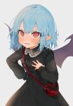  1girl alternate_costume artist_name bag bangs bat_wings black_bow black_ribbon blue_hair blush bow collared_dress commentary_request eyebrows_visible_through_hair fang frilled_shirt_collar frilled_sleeves frills gotoh510 hand_on_hip hand_on_own_chest hand_up handbag highres long_sleeves looking_at_viewer nail_polish no_hat no_headwear pointy_ears red_eyes red_nails remilia_scarlet ribbon short_hair signature simple_background solo touhou white_background wings 