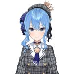  1girl absurdres arms_at_sides ascot blue_choker blue_eyes blue_hair blue_ribbon choker closed_mouth crown double-breasted grey_headwear hair_ribbon hat highres hololive hoshimachi_suisei long_sleeves looking_at_viewer mini_crown official_art one_side_up ribbon smile solo striped_jacket teshima_nari transparent_background upper_body white_neckwear 