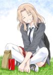  1girl backpack bag blonde_hair can closed_eyes cola girls_und_panzer grass grin indian_style kay_(girls_und_panzer) long_hair mutsu_(layergreen) necktie paper_bag saunders_school_uniform school_uniform sitting smile solo thigh-highs white_legwear 