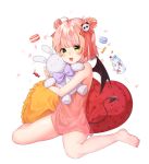 1girl :3 absurdres ahoge bangs blush candy demon_tail demon_wings double_bun dress eyebrows_visible_through_hair fang food hair_ornament hair_ribbon heart heart_pillow highres original panda_hair_ornament paw_print pillow pink_dress pink_hair ribbon short_hair sitting smile solo stuffed_animal stuffed_bunny stuffed_toy symbol_commentary taemin tail wings yellow_eyes 