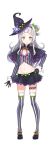  1girl bangs black_skirt blunt_bangs blush brown_gloves closed_mouth full_body gloves grey_hair grey_legwear hand_on_hip hat hat_ornament hololive long_hair looking_at_viewer midriff multicolored multicolored_eyes murasaki_shion navel neck_ribbon official_art one_side_up purple_headwear red_neckwear red_ribbon ribbon skirt smile solo striped striped_legwear tam-u thigh-highs transparent_background vest 