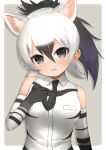  1girl aardwolf_(kemono_friends) aardwolf_ears absurdres animal_ear_fluff animal_ears bangs bare_shoulders black_eyes black_hair black_neckwear commentary deku_suke elbow_gloves extra_ears gloves hair_between_eyes highres kemono_friends long_hair looking_at_viewer multicolored_hair necktie parted_lips ponytail shirt simple_background sleeveless sleeveless_shirt solo two-tone_hair upper_body white_background white_hair 