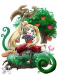  1girl blonde_hair blue_flower blush_stickers bracer chamaji commentary_request dress flower food fruit grass high_ponytail holding holding_staff kid_icarus kid_icarus_uprising laurel_crown leggings long_hair looking_at_viewer super_mario_bros. nachure open_mouth open_toe_shoes piranha_plant plant rafflesia_(flower) short_sleeves signature smile solo staff tree very_long_hair vines white_background 