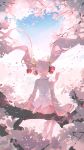  1girl arm_support backlighting bare_shoulders branch cherry_blossoms cherry_hair_ornament dappled_sunlight day detached_sleeves falling_petals food_themed_hair_ornament from_behind full_body hair_ornament hatsune_miku headphones high_heels highres in_tree long_hair outdoors petals pink_hair pink_legwear pink_skirt pink_sleeves rella sakura_miku shirt signature sitting sitting_in_tree sitting_on_branch skirt sleeveless sleeveless_shirt solo sunlight tree twintails very_long_hair vocaloid white_shirt 