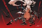  1girl absurdres breasts dark_skin demon_girl demon_tail gauntlets greaves helltaker high_heels highres horns judgement_(helltaker) kneeling large_breasts long_hair ponytail solo tail very_long_hair white_hair zhoumo_fangjia 