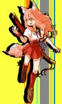  1girl :d animal_ear_fluff animal_ears bangs brown_footwear fate/extra fate/extra_ccc fate/extra_ccc_fox_tail fate_(series) fox_ears fox_girl fox_tail full_body high-waist_skirt jamir katana kneehighs loafers miniskirt neck_ribbon open_mouth orange_eyes pink_hair red_legwear red_ribbon red_scrunchie red_skirt ribbon scrunchie sheath shirt shoes short_sleeves skirt smile solo suzuka_gozen_(fate) sword tail teeth v-shaped_eyebrows weapon white_shirt wrist_scrunchie 