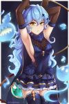  1girl animal_ears arm_behind_head armpits arms_up blue_cape blue_dress blue_hair boots breasts cape curly_hair dootmoon dress elbow_gloves erune ferry_(granblue_fantasy) frown ghost gloves granblue_fantasy hair_between_eyes hair_ornament hairclip highres holding_whip layered_dress long_hair looking_at_viewer medium_breasts sleeveless sleeveless_dress thigh-highs thigh_boots very_long_hair whip x_hair_ornament yellow_eyes 
