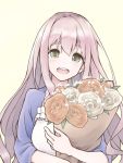  1girl blush bouquet breasts commentary_request flower green_eyes hair_between_eyes holding holding_bouquet idolmaster idolmaster_cinderella_girls long_hair looking_at_viewer open_mouth pink_hair round_teeth saionji_kotoka simple_background smile solo tamasa_yamoto tears teeth upper_body white_background yellow_background 