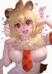  1girl :d animal_ear_fluff animal_ears bangs blonde_hair blush breasts brown_eyes commentary_request eyebrows_visible_through_hair fur_collar hair_between_eyes hands_up head_tilt heart highres kemono_friends large_breasts lion_(kemono_friends) lion_ears lion_tail looking_at_viewer necktie open_mouth paw_pose plaid_neckwear plaid_trim shirt short_hair short_sleeves simple_background smile solo sparkle tail takami_masahiro translated upper_body upper_teeth white_background white_shirt 