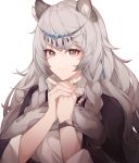  1girl absurdres animal_ear_fluff animal_ears arknights black_cloak braid breasts circlet cloak closed_mouth commentary eyebrows_visible_through_hair eyelashes grey_eyes hair_between_eyes hands_together highres jewelry leopard_ears leopard_tail long_hair looking_at_viewer medium_breasts pramanix_(arknights) ribbed_sweater saibe side_braids silver_hair simple_background single_earring smile solo spotted_fur sweater tail tassel_earrings turtleneck turtleneck_sweater twin_braids upper_body white_background white_sweater wristband 