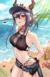  1girl arknights bangs bare_arms bare_shoulders baseball_cap beach belt bikini black_bikini blue_hair blue_sky blush breasts ch&#039;en_(arknights) clouds commentary cowboy_shot crab day dragon_horns dragon_tail eyebrows_visible_through_hair grey_shorts hair_between_eyes halterneck hand_on_hip hat heart highres horns horns_through_headwear kurisustinah long_hair looking_at_viewer medium_breasts nail_polish navel ocean outdoors parted_lips pink_lips pink_nails pouch red_eyes sand_castle sand_sculpture short_shorts shorts sidelocks sky smile solo standing stomach swimsuit tail thighs tied_hair watch watch water 