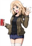  1girl :d black_shirt blonde_hair blue_eyes blue_shorts brown_jacket commentary cowboy_shot cup denim denim_shorts disposable_cup emblem eyebrows_visible_through_hair girls_und_panzer hair_intakes highres holding holding_cup jacket kay_(girls_und_panzer) long_hair long_sleeves looking_at_viewer micro_shorts military military_uniform motion_lines omachi_(slabco) open_clothes open_jacket open_mouth saunders_military_uniform shirt shorts smile solo standing star_(symbol) thigh-highs uniform waving white_legwear 