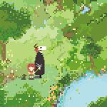  1boy 1girl cane dog egg_egg0968 ellias_ainsworth green_eyes hatori_chise highres horns long_sleeves mahou_tsukai_no_yome outdoors pixel_art redhead ruth_(mahou_tsukai_no_yome) short_hair skull tree water 