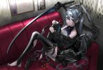  1girl asagon007 blue_eyes commentary couch cyborg dagger exoskeleton gun handgun highres indoors katana legs_up nail_polish original pistol reclining science_fiction silver_hair solo sword thigh-highs twintails weapon 