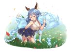  1girl animal_ears bare_legs bare_shoulders blue_hair blush bucketpurin curly_hair double-breasted dress erune ferry_(granblue_fantasy) field flower flower_field full_body ghost granblue_fantasy hair_between_eyes jewelry kneeling leaning_forward long_hair looking_at_another outdoors single_earring sleeveless sleeveless_dress very_long_hair yellow_eyes younger 