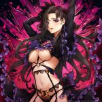  1girl arms_behind_head black_hair black_panties breasts commentary_request eyelashes garter_belt highres long_hair looking_at_viewer navel open_mouth overhit panties sakiyamama solo underwear violet_eyes 