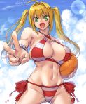  1girl ahoge amania_orz artist_name ball beachball bikini blonde_hair clouds cloudy_sky criss-cross_halter dated earrings fate/grand_order fate_(series) green_eyes halterneck holding holding_ball jewelry looking_at_viewer navel nero_claudius_(fate)_(all) nero_claudius_(swimsuit_caster)_(fate) open_mouth sky solo striped striped_bikini striped_swimsuit swimsuit twintails v 
