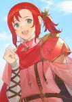  1girl arrow_(projectile) belt blue_sky clouds day earrings fire_emblem fire_emblem:_mystery_of_the_emblem green_eyes hair_ornament highres jewelry kyufe long_sleeves norne_(fire_emblem) open_mouth red_scarf redhead scarf sky solo upper_body 