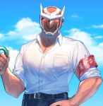  1boy algernon_(tokyo_houkago_summoners) alternate_costume bara belt chest clouds cloudy_sky day grey_pants hand_on_hip hat helmet holding hozunomi looking_at_viewer male_focus muscle ocean open_clothes open_shirt outdoors pants pectorals red_eyes shirt sky solo standing sunlight tokyo_houkago_summoners upper_body veins white_shirt yellow_sclera 