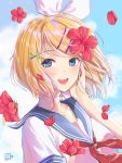  1girl :d absurdres artist_name blonde_hair blue_eyes blue_sailor_collar collarbone commentary_request day eyebrows_visible_through_hair flower flower_request hair_flower hair_ornament hair_ribbon hairclip hand_on_own_cheek highres kagamine_rin looking_at_viewer neckerchief open_mouth petals red_flower red_neckwear ribbon riku_taru sailor_collar school_uniform serafuku short_hair short_sleeves smile solo upper_body vocaloid white_ribbon wind x_hair_ornament 