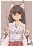  1girl :3 animal_ear_fluff animal_ears animal_nose artist_name bangs breasts brown_background brown_hair commentary fox fox_ears fox_girl furry hakama highres japanese_clothes kimono large_breasts long_hair looking_to_the_side miko original pawpads red_hakama ryuusui_arumo sarashi simple_background solo sweat translated upper_body white_kimono wide_sleeves yellow_eyes yellow_fur 