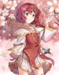  1girl absurdres cherry_blossoms flower green_eyes highres jewelry locket n2_(yf33) pendant petals pink_theme redhead sdorica_-sunset- short_hair solo tica 