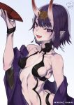  1girl artist_name blue_background bob_cut breasts collarbone commentary cup english_commentary eyebrows_visible_through_hair fang fate/grand_order fate_(series) gradient gradient_background highres horns looking_at_viewer navel oni oni_horns open_mouth patreon_username pointy_ears purple_hair sakazuki short_hair shuten_douji_(fate/grand_order) small_breasts smile solo violet_eyes watermark yo-nashi 