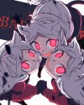  3girls :d animal_ears black_gloves black_legwear black_neckwear black_pants black_suit black_tail black_vest blood blood_splatter breasts cerberus_(helltaker) collared_shirt demon_girl demon_tail dog_ears dog_girl eyebrows_visible_through_hair fang formal full_body gloves glowing glowing_eyes helltaker highres holding_hands interlocked_fingers krr316 long_hair looking_at_viewer looking_up matching_outfit multiple_girls necktie neckwear open_mouth pants red_background red_eyes red_shirt sharp_teeth shirt siblings silver_hair simple_background sisters smile smirk suit tail teeth triplets upper_body very_long_hair vest white_hair 