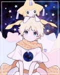  1boy 1other :o ahoge baggy_clothes bangs blonde_hair blue_border blue_eyes blush border bright_pupils commentary_request creature crossover dated eyebrows_visible_through_hair fate/requiem fate_(series) gen_3_pokemon glowing highres jirachi looking_at_viewer male_focus mythical_pokemon namigon on_head open_mouth parted_bangs pokemon pokemon_(creature) pokemon_on_head revision robe scarf short_sleeves sidelocks signature sky smile solo_focus space star_(sky) star_(symbol) starry_background starry_sky upper_body voyager_(fate/requiem) yellow_scarf 