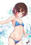  1girl bikini blue_bikini brown_hair collarbone commentary_request cowboy_shot gradient_hair groin kantai_collection looking_at_viewer multicolored_hair mutsuki_(kantai_collection) navel outstretched_arms red_eyes redhead short_hair smile solo standing swimsuit white_background yanagi_wakana 