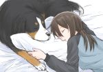  1girl animal brown_hair closed_eyes dog girls_und_panzer keizoku_military_uniform long_hair mika_(girls_und_panzer) mutsu_(layergreen) sleeping 