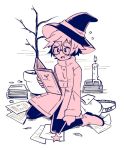  1boy blush book boots candle eyebrows full_body glasses greyscale hat holding holding_book holding_wand looking_away messy_hair monochrome open_book original otoko_no_ko pants paper plant potted_plant round_eyewear short_hair star_(symbol) strovi upper_teeth wand witch_hat 