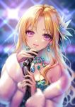  1girl bangs blonde_hair blue_dress blue_nails braid collarbone commentary_request dress eyelashes flower fur_coat hair_flower hair_ornament highres idolmaster idolmaster_cinderella_girls idolmaster_cinderella_girls_starlight_stage jewelry kiryuu_tsukasa_(idolmaster) long_hair looking_at_viewer murayama_(u_k) nail_polish necklace off_shoulder parted_bangs ring side_braid solo upper_body violet_eyes 