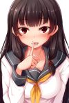  1girl black_hair eyebrows_visible_through_hair finger_to_mouth hair_ribbon hand_gesture isokaze_(kantai_collection) kantai_collection long_hair looking_at_viewer neckerchief nicoby open_mouth red_eyes ribbon school_uniform serafuku shushing simple_background white_background 