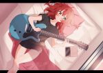  1girl absurdres ahoge bedroom black_shirt bocchi_the_rock! casual cellphone dolphin_shorts electric_guitar expressionless from_above guitar highres holding holding_guitar holding_instrument instrument kita_ikuyo letterboxed light_rays lying messy_hair on_back on_bed phone redhead shigure_(sigre) shirt shorts smartphone solo sunbeam sunlight thigh_gap yellow_eyes 